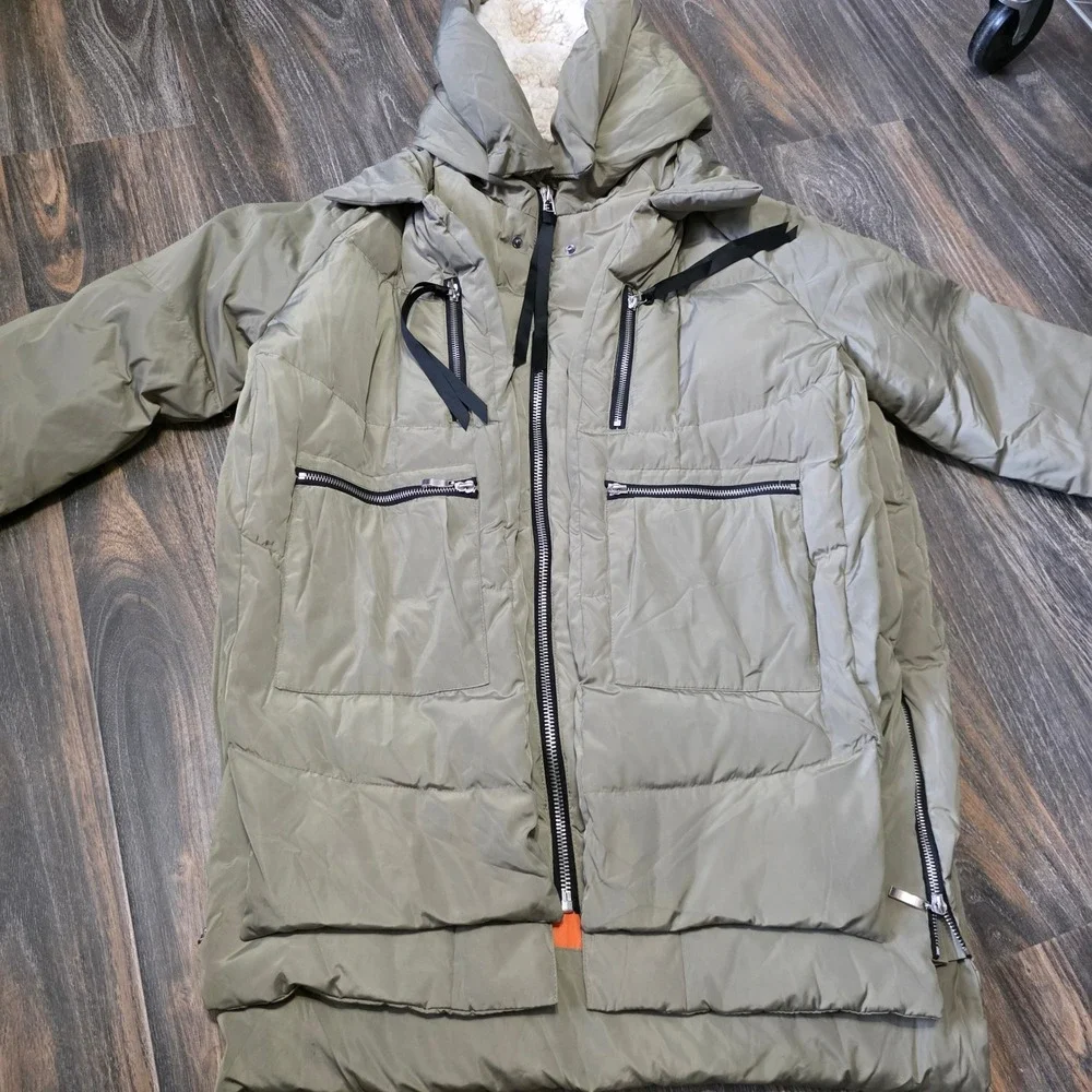Orolay Thickened Down Jacket Olive Green Orange Lining Sherpa Hood Mens Large